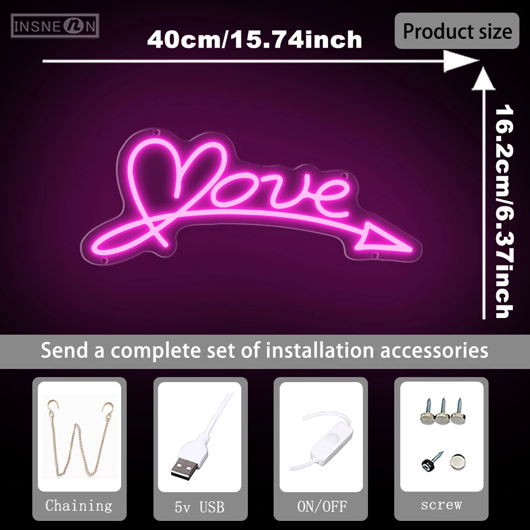 Love Arrow LED Neon Sign USB Powered for Home Art Wall Decor Bar Bedroom Wedding Birthday Party Valentine's Day Gift Home Decor