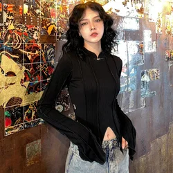 Vintage Chinese Style Women Tee Shirt Stitch Chic Elegant Autumn T shirt Top Irregular Hem Short Black Gothic Outfits