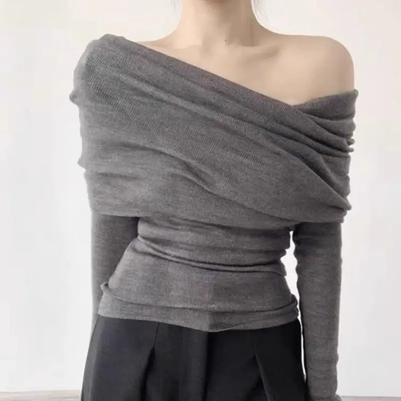 

Women's Long Sleeve Off-Shoulder Knitted Sweater Slimming High-End Feel Autumn Winter New Style Knitted Top