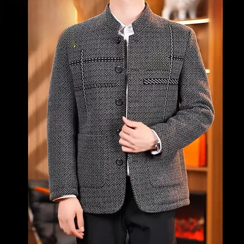 

Thiened Fce Lined Casual Busin Jaet для папы, осенне-зимнее мужское пальто-стойка из полиэфирного волокна, длинное све...