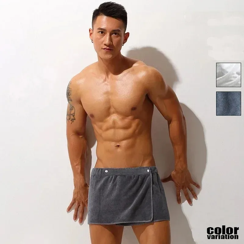Calções de Dormir Sensuais Masculinos de Microfibra, Pijama Curto, Calças de Toalha, Calções de Banho com Fenda Lateral, Macios e Grossos