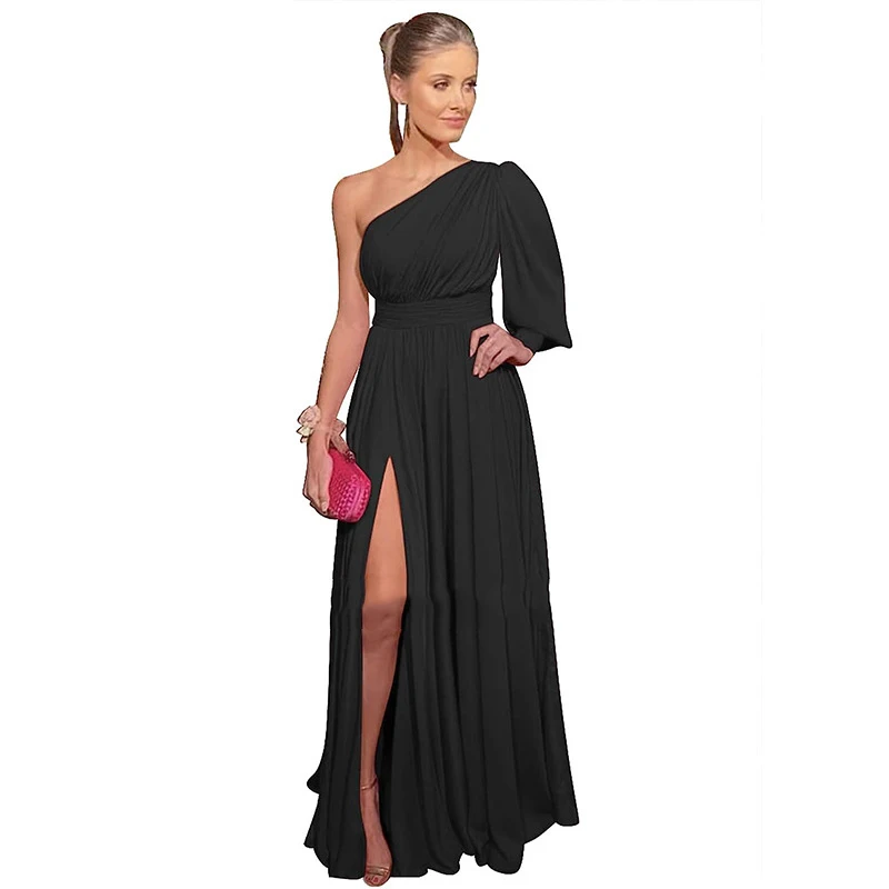 Customized One Shoulder Women Evening Dresses Chiffon Side Slit Prom Party Gowns Formal Vestido De Noche Lace Up