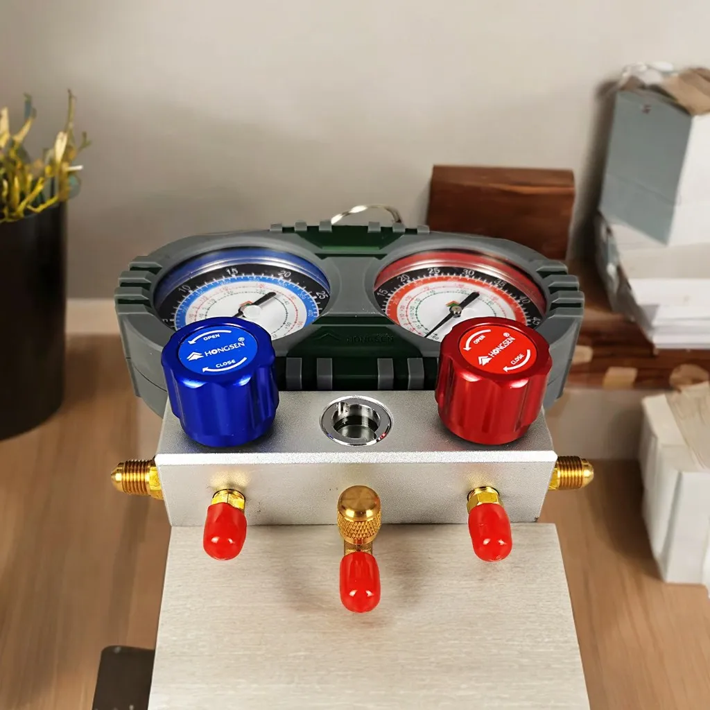 Medidor de líquido de ar condicionado HS-S60-102 R410A/R32 Medidor de pressão de neve refrigerante de mesa dupla fluorada