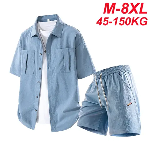 여름 정장 남성 플러스 사이즈 가슴 주머니 세트 셔츠 반바지 패션 캐주얼 폴리 에스터 Tracksuit 남성 의류 빅 사이즈 6xl 7xl 8xl