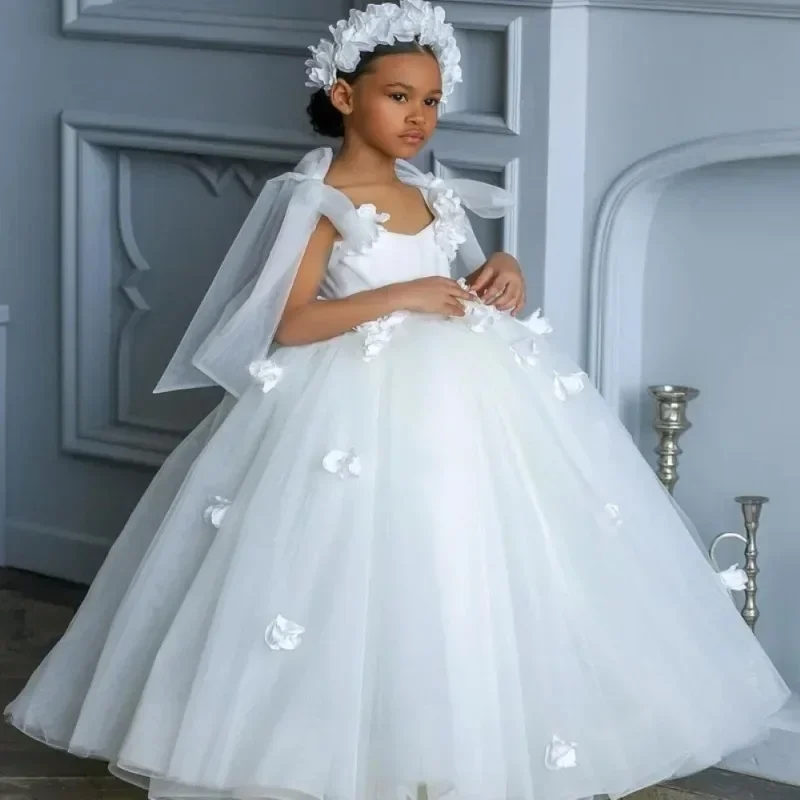 

Elegance Flower Girl Dress White Fluffy Tulle Lace Sleeveless Baby Girl Birthday Party Wedding First Communion Holiday Dress