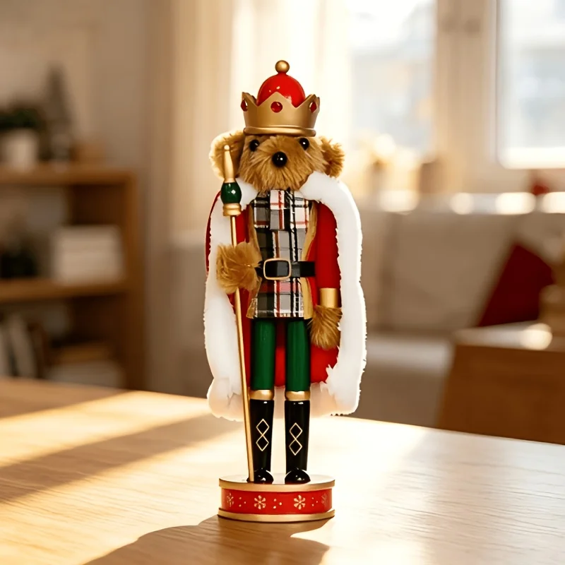 Wood Little Bear King Nutcracker Statue White Plush Cloak, and Scepter, Classic Checkered Bear Nutcracker Decor Ornament