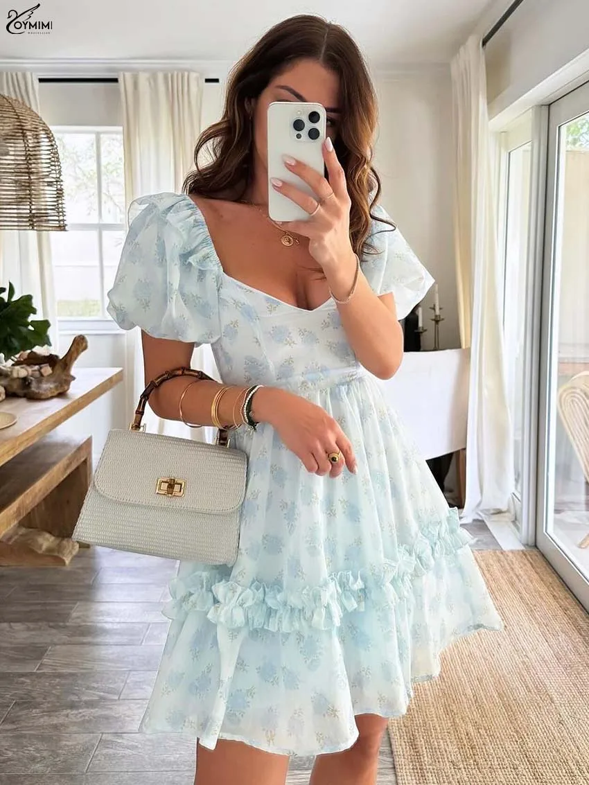

Oymimi Fashion Blue Print Womens Dresses Elegant V-Neck Short Sleeve Loose Dresses Autumn High Waist Pleated Mini Dress Female