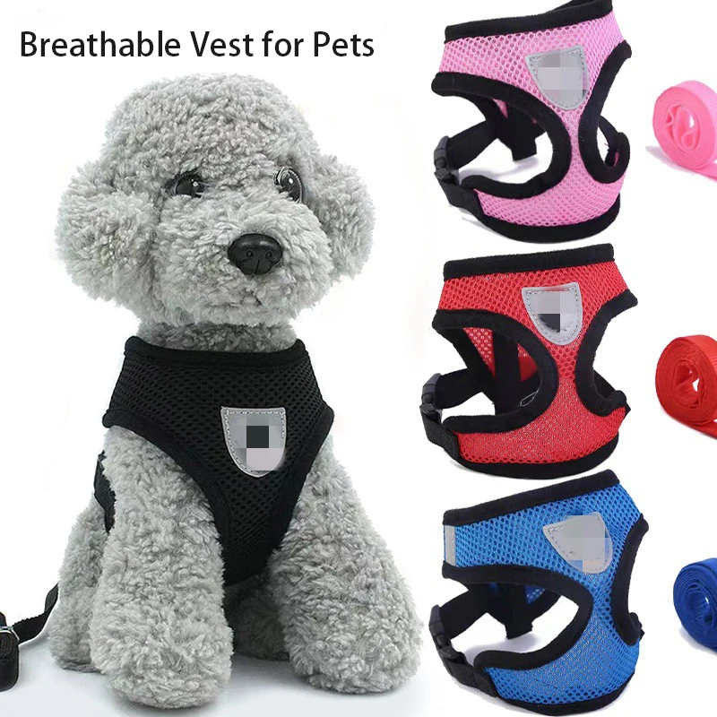 Arnés de verano para perros y gatos, correa de plomo, chaleco ajustable, malla de poliéster, arneses transpirables reflectantes para perros pequeños, correa para gatos