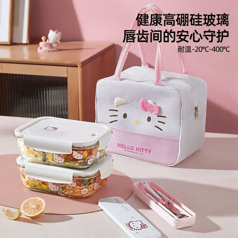 

Sanrios Hello Kittys Glass Lunch Box Microwave Oven Heat Dedicated Separate Bento with Lid Soup Bowl Tableware Suit Portable Hot