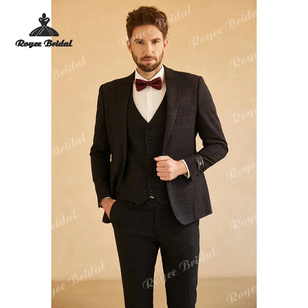 Notched Lapel Three Piece Wedding Men's Suits 2026 Brown Plaid Single Breasted Business Evening Suits costume homme mariage