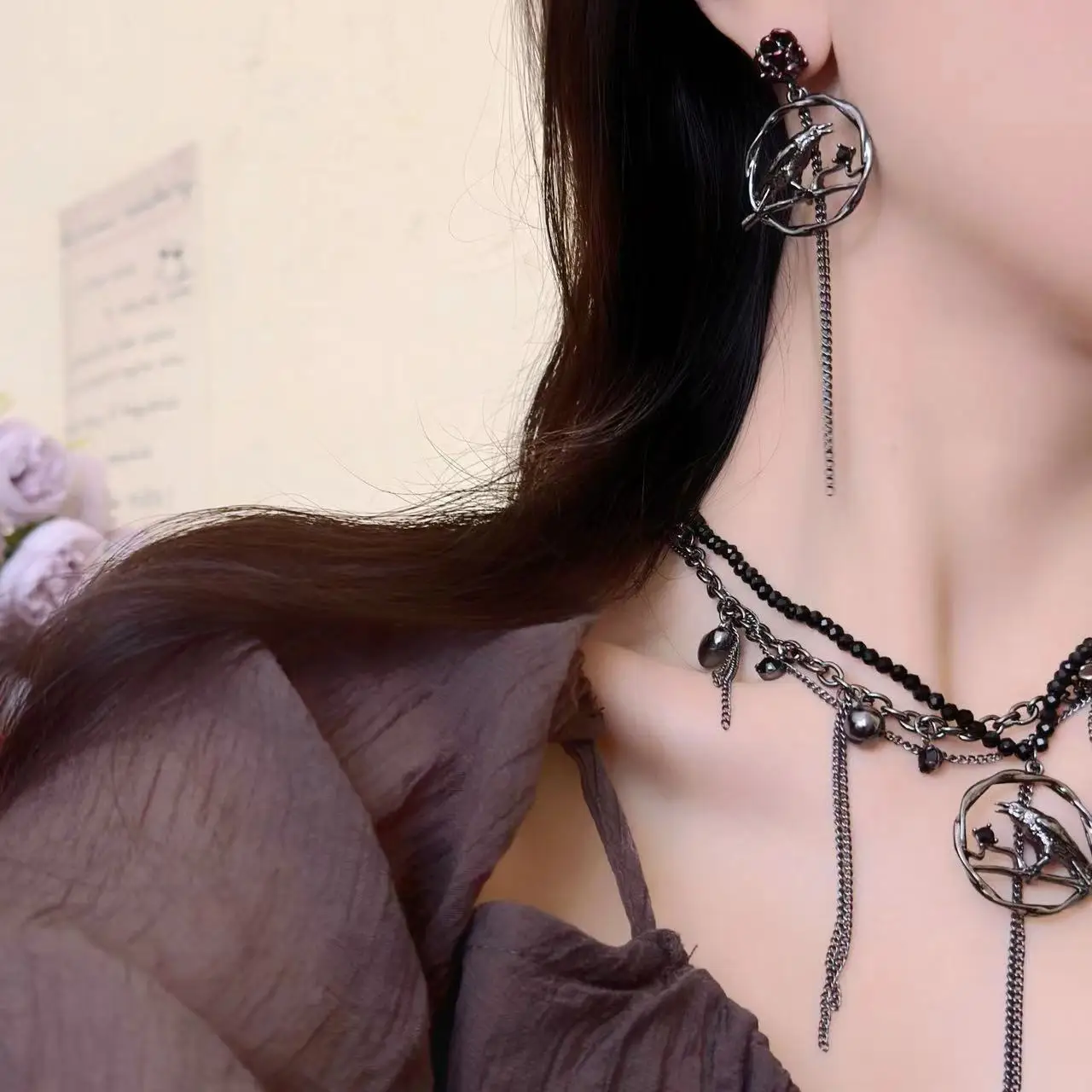 

Gothic Jewelry Set Darkness Rose Crow Necklace&Earrings Punk Clavicle Chain Choker Goth Charms Necklaces Stud Earrings Sets