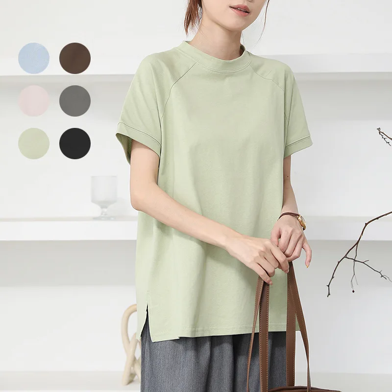 

Новая японская хлопковая футболка Rakuten с короткими рукавами для женщин, летняя однотонная повседневная футболка с круглым вырезом и боковым разрезом