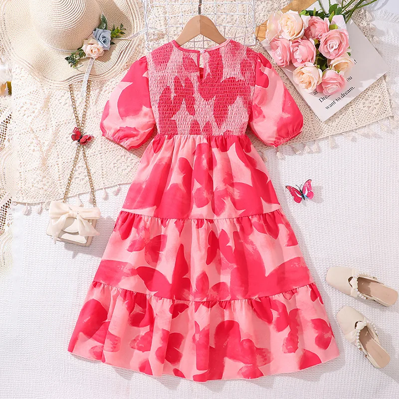 2025 New Arrival Girls Short Puff Sleeve Print Butterfly Red Roupa Infantil Menina Cute Party Dress Custume 8-12T