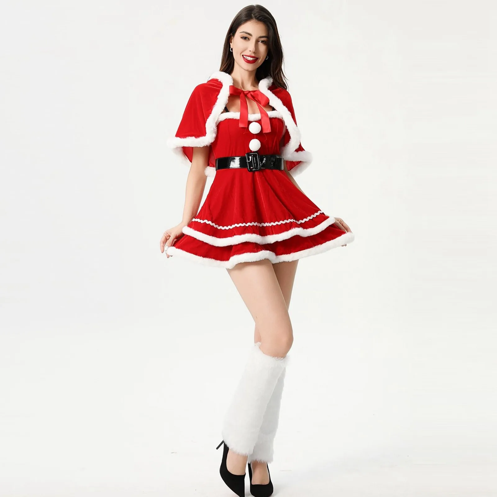 New Years Christmas Costumes Dress For Women Fancy Geen Red Dress With Shawl Belt Sexy Party Cosplay Clothes No Foot Covers