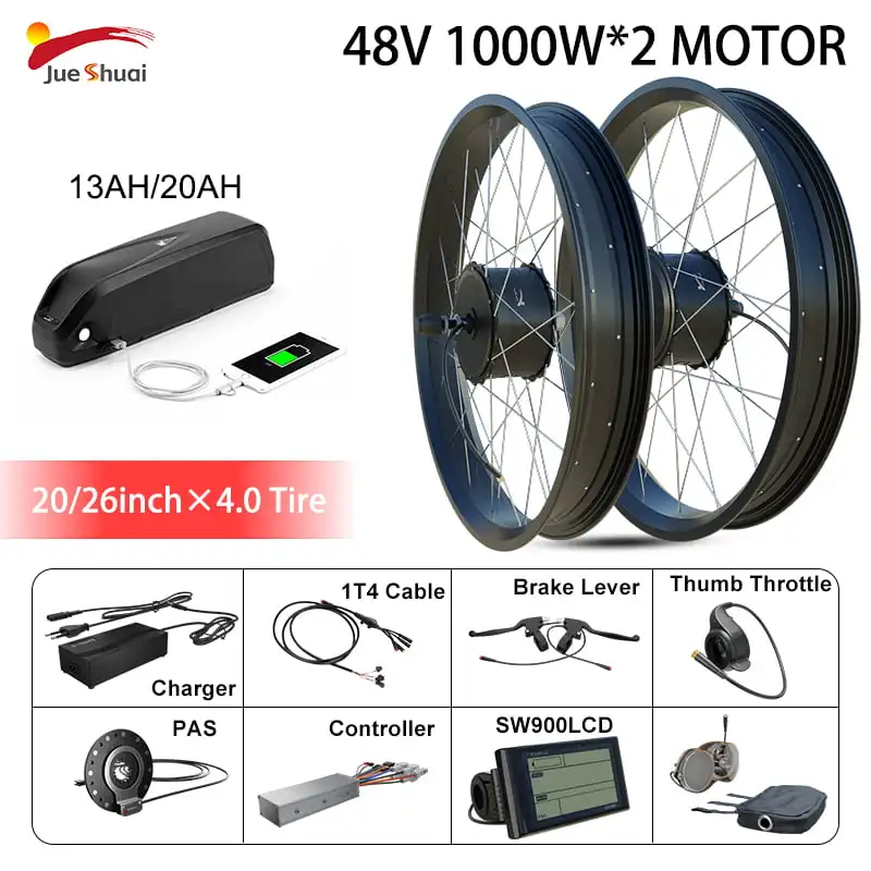 

Fat Tire Ebike Conversion Kit with 13AH/20AH Battery Front Rear Hub Motors 48V 1000W Snow Bicycle Electric Kit 20" 26" Wheel