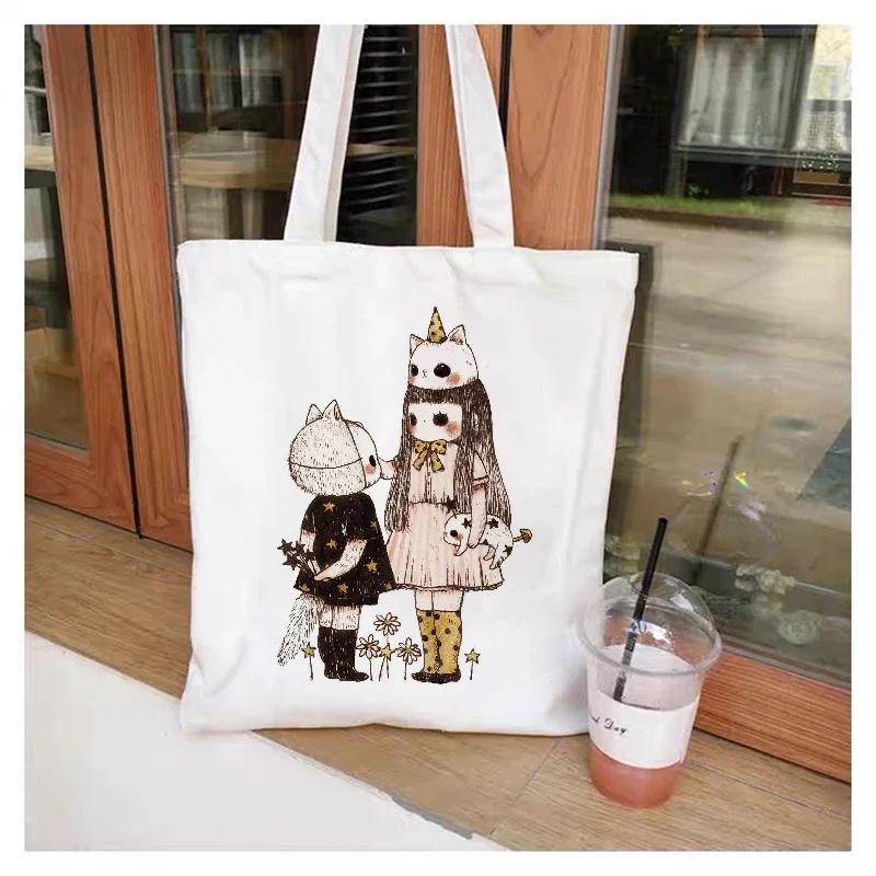 Cute Mushroon Printing Female Cotton Cloth Handbag Tote Harajuku Kawaii Print Reusable Shoulder Bags Kpop Women Canvas Bag