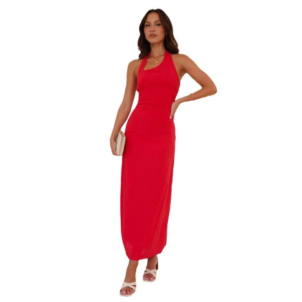 Summer European And American New Women's Clothing Red Long Dress Solid Color Sleeveless Backless Dress