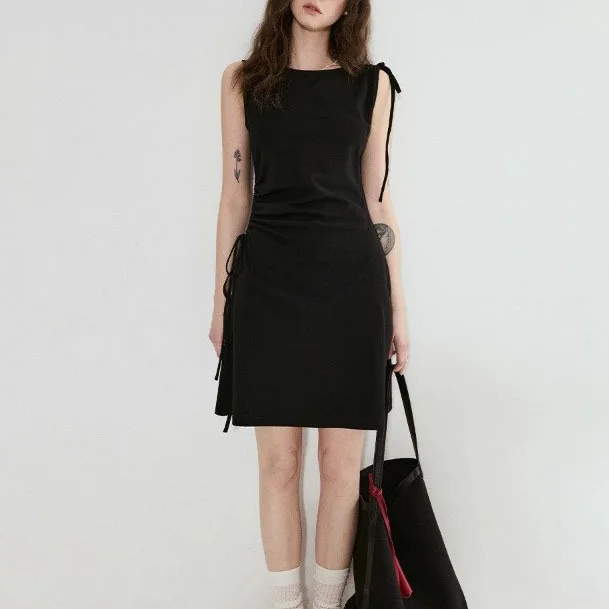 

Small Black Dress Knitted Dress Women's Summer Asymmetrical Drawstring 2025
