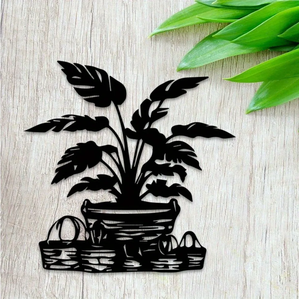 

1pc Flat Iron Metal Wall Art, Potted Plant with Basket Design, Home Decor for Living Room Bedroom Office