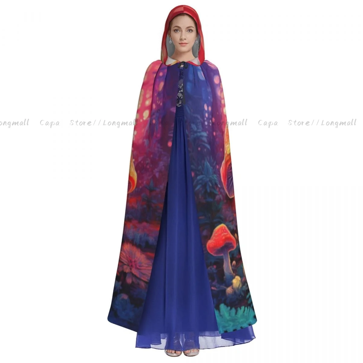 Adult Halloween Colorful Mushrooms Forest Cloak Cape Hooded Medieval Costume Full Length Dress Coat