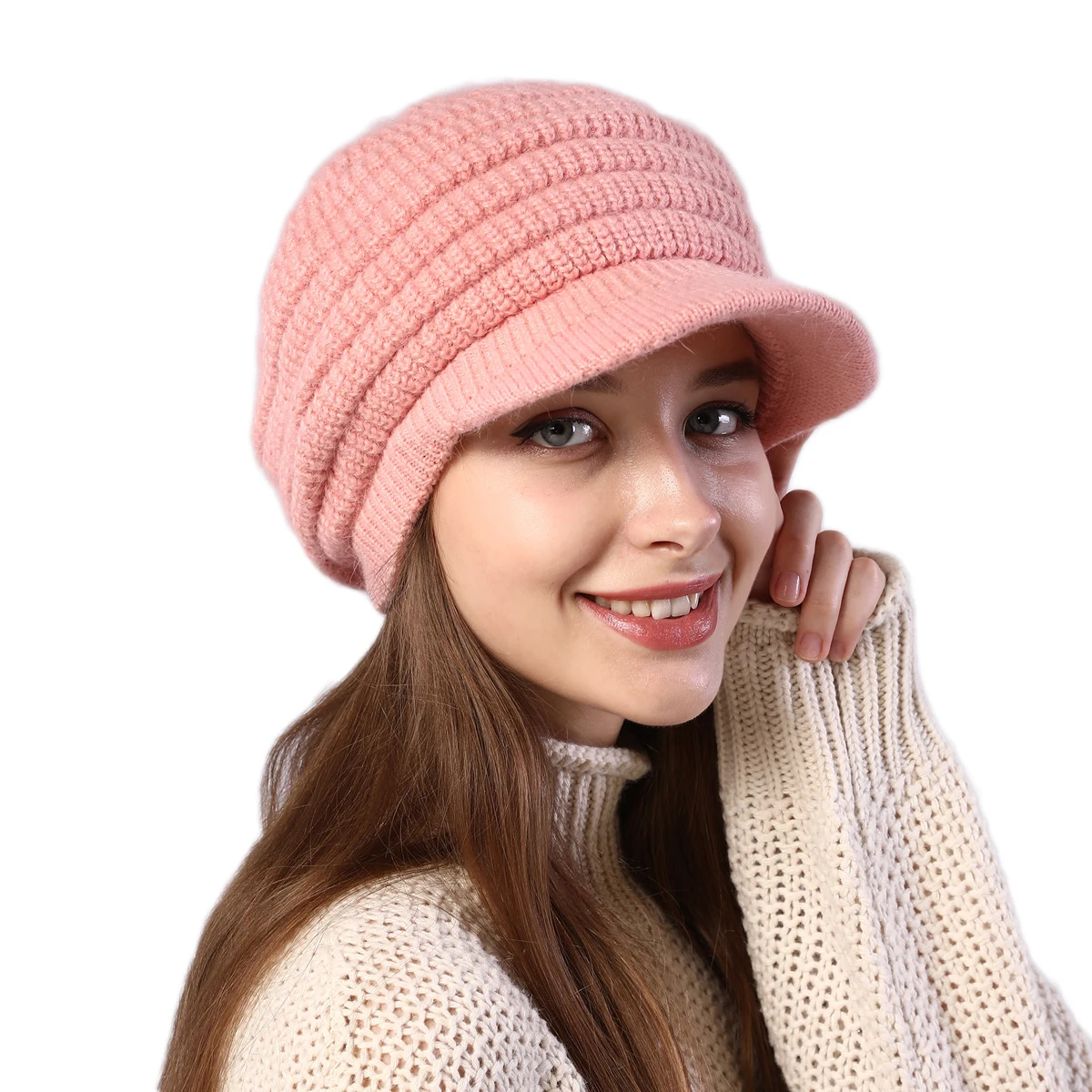 Winter Warm Fleece Lined Slouchy Skull Beanie With Visor Knitted Newsboy Hats for Women Soft Cold Weather Hat With Brim