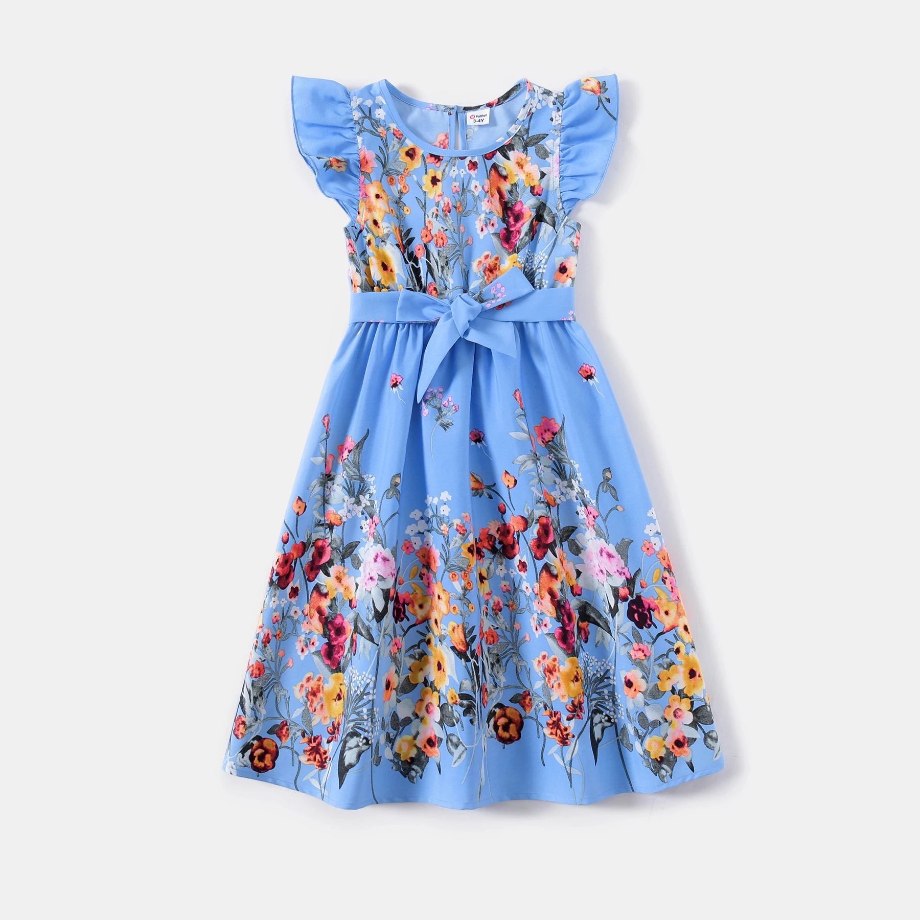 PatPat Family Matching Outfits Floral Print Ruffle-sleeve Belted Midi Dresses and Striped Short-sleeve T-shirts Sets