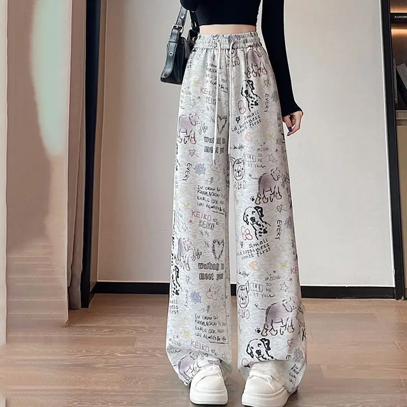 Autumn Winter New Korean Vintage Digital Full Print Casual Pants Women Simple Straight Leg Long Trousers Female Streetwear
