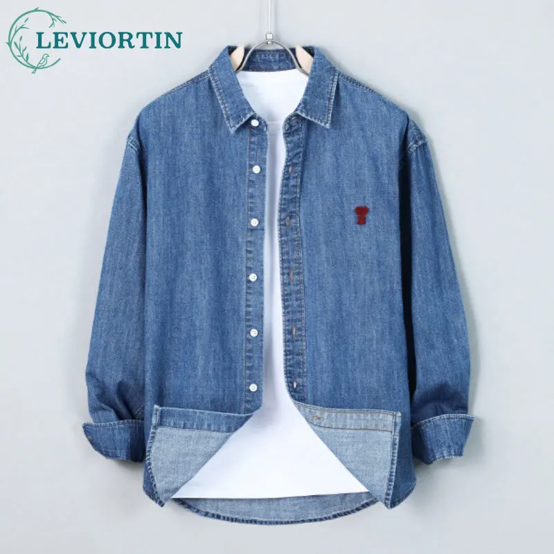 Men's Spring and Autumn New Casual Simple Embroidery Handsome Fashion Loose and Versatile Collar Denim Long Sleeve Shirt