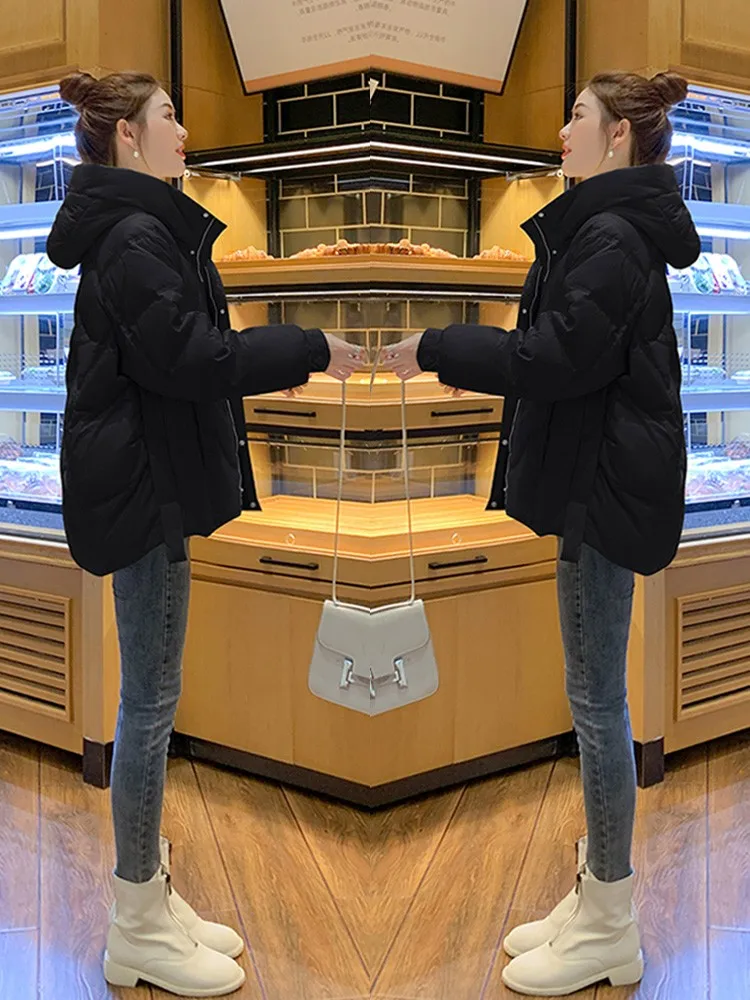 

Women's Casual Hooded Thickened Cotton Jacket Loose Fit Autumn Winter Coat Korean Style Zipper Closure Long Sleeve Color