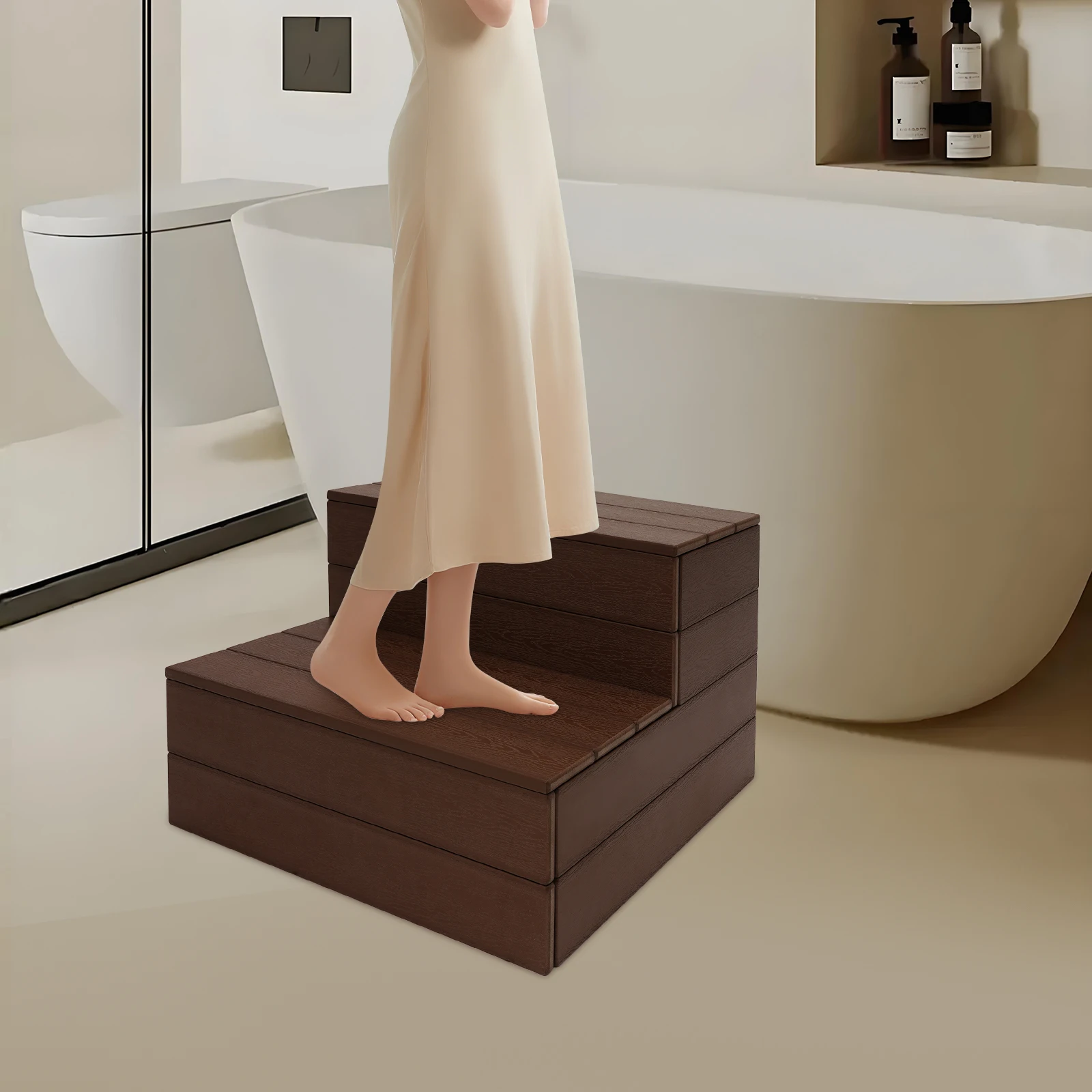 Indoor/Outdoor 63.5*55.88*38.1cm Rectangular Bathtub Steps Coffee Brown Spa Steps for Small Medium Large Square Hot Tubs