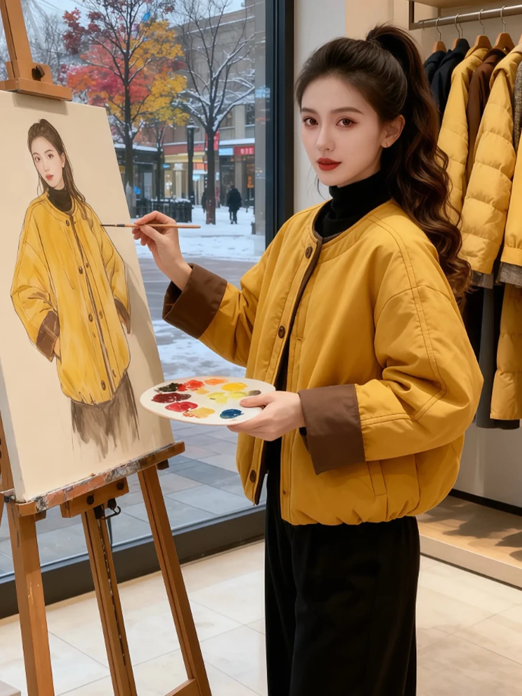 

Новая комфортная женская куртка больших размеров с круглым вырезом и воротником в корейском стиле, из хлопка, для весны, осени и зимы