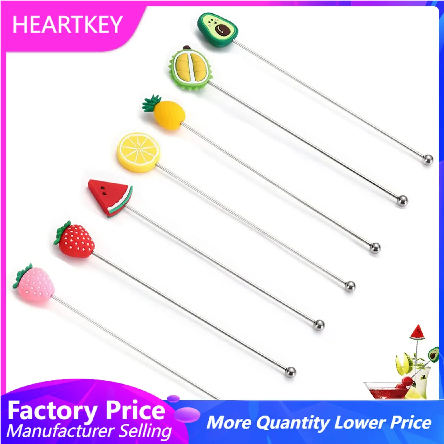 

7pcs Swizzle Sticks Silicone Fruits Head Stainless Steel Stirring Rod Cocktail Drink Mixing Sticks Household Stirrer Supplies