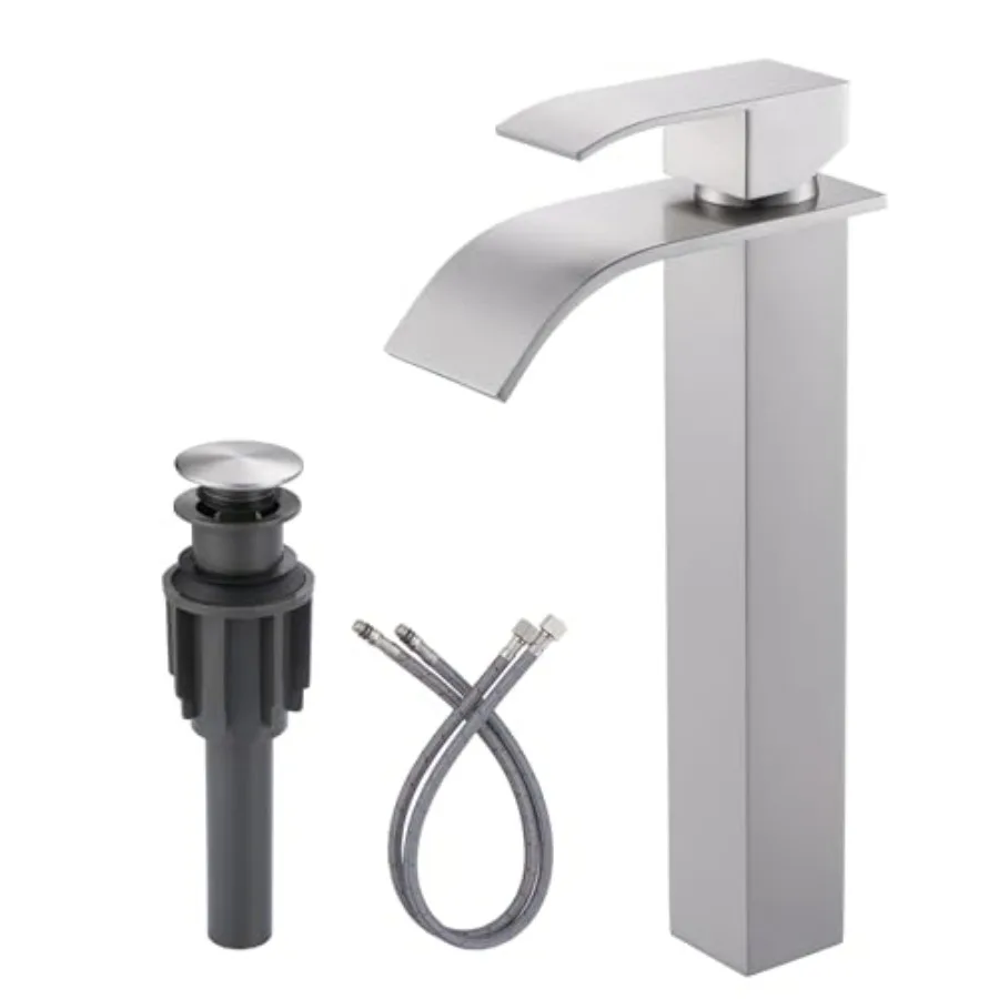 

Bathroom vessel sink faucet in brushed nickel: single-hole tall waterfall design with single handle pop-up drain and cUPC suppl