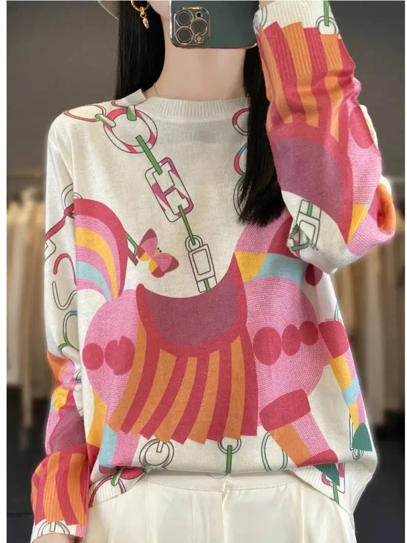 Autumn And Winter New Worsted Wool And Mulberry Silk Printed Round Neck Sweater Fashion Joker Knit Loose Bottoming Shirt Top B7Q
