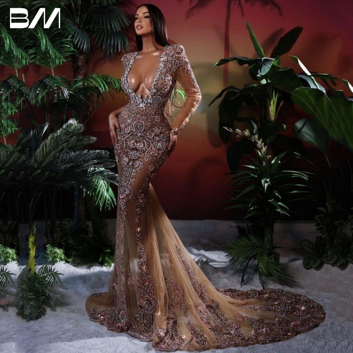 Long Sleeve V Neck Prom Dresses Catwalk Fashion Show Women Evening Dress Beaded Mermaid Court Train Party Dresses Custom Made