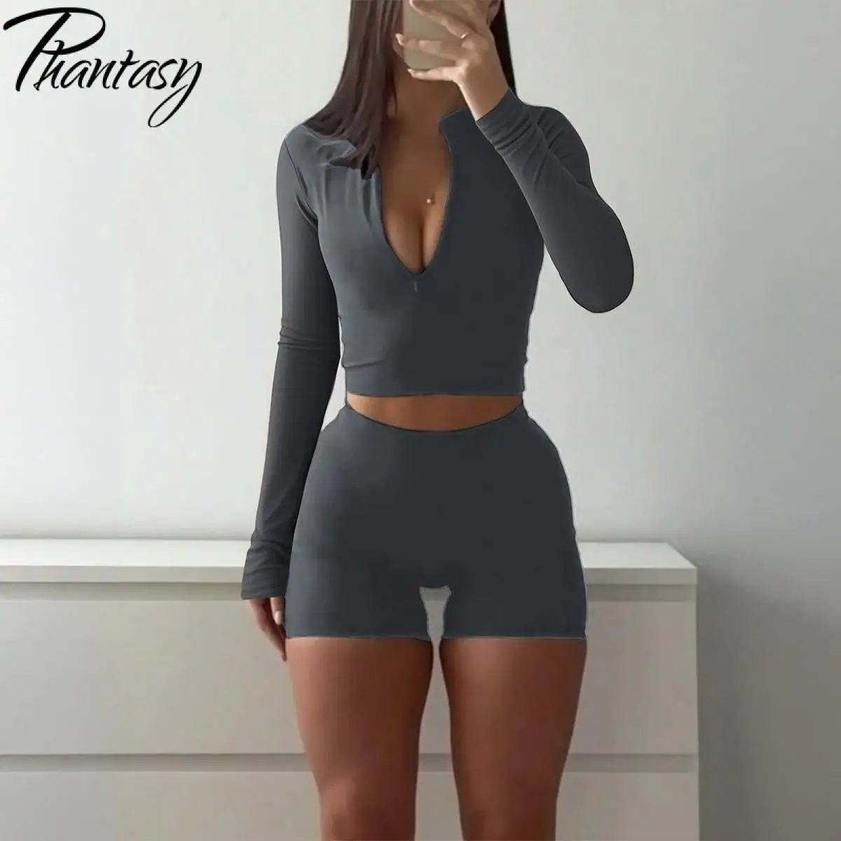 

Phantasy женский бесшовный сексуальный спортивный костюм для йоги спортивный однотонная футболка с длинными рукавами и шортами комплект повседневная женская одежда