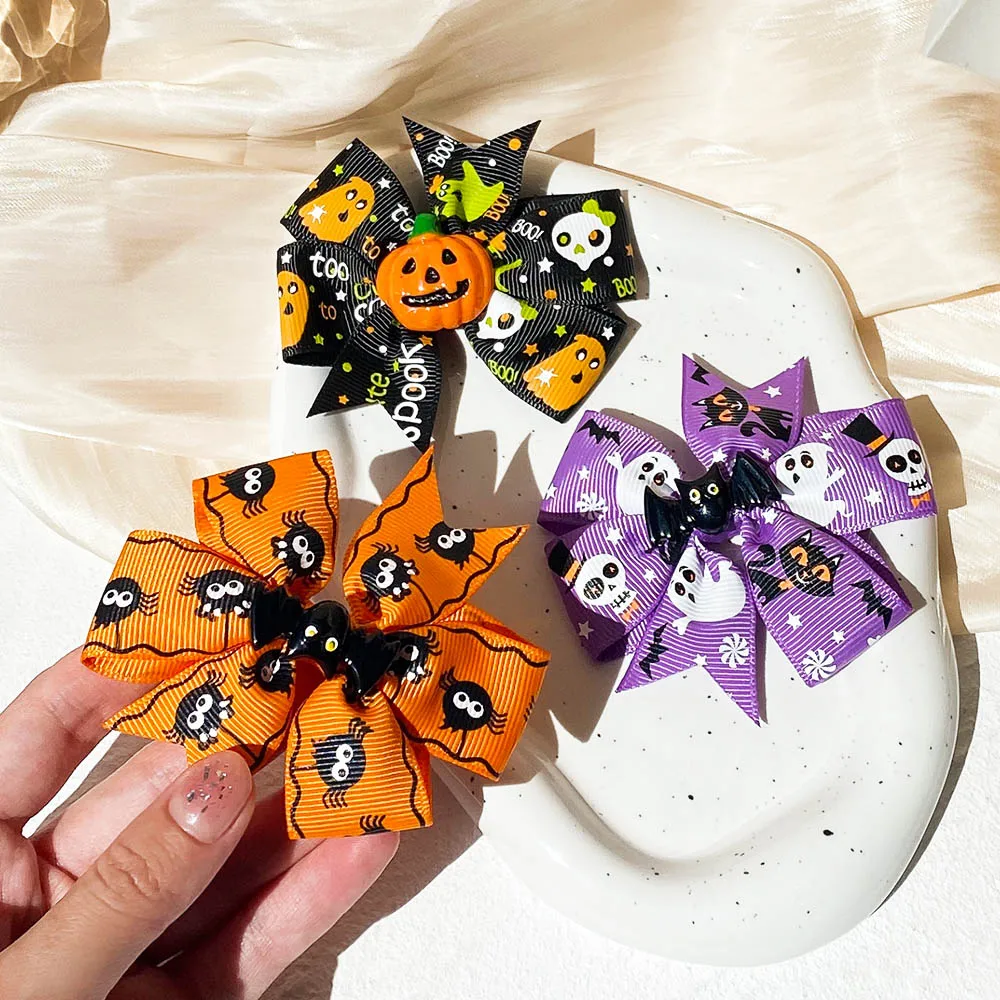 10Pcs/Set Halloween Decoration Bows Hair Clips For Kids Girls Ghost Pumpkin Pinwheel Hairpin Headwear Baby Hair Accessories Gift