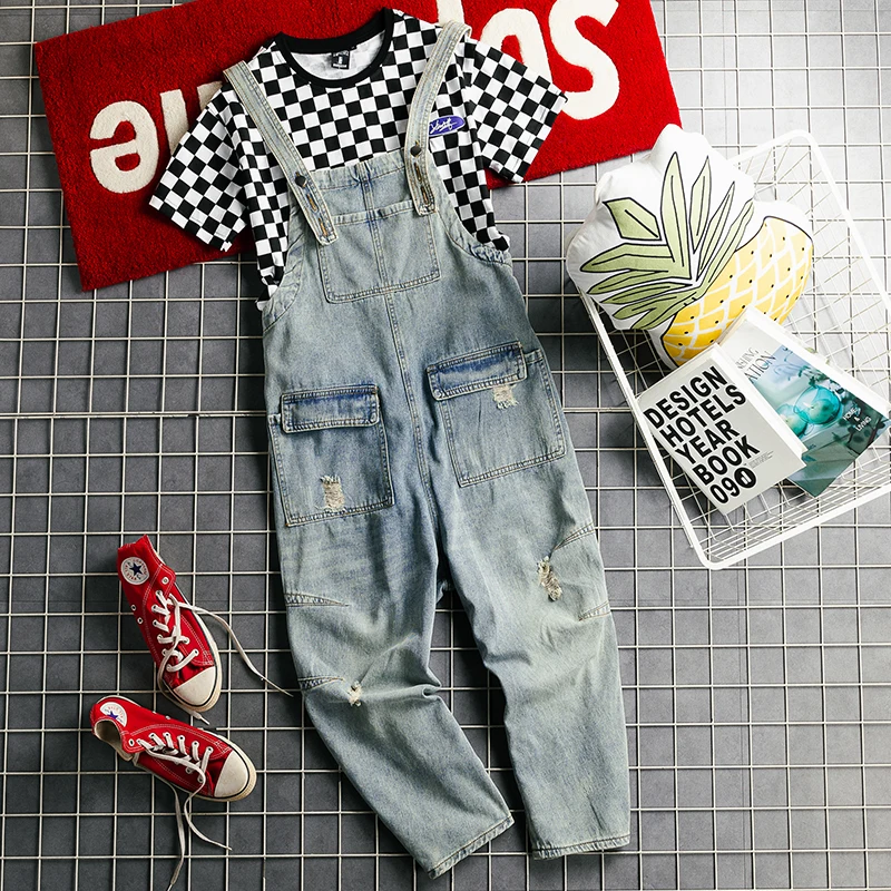 

Retro Japanese Sle Distred Denim Overalls Men's Loose Casual Straight Leg Hip Hop Jumpsuit Bal Pants Summer Trend