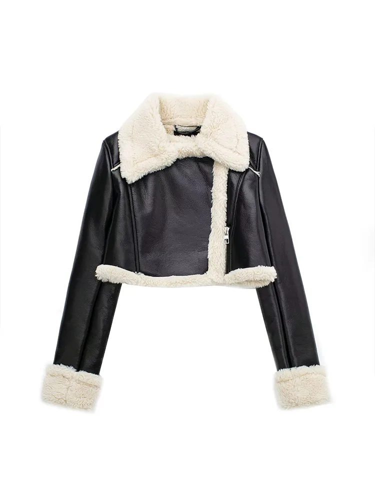 2023 New Women Fashion Thick Warm Faux Shearling Crop Jacket Coat Vintage Long Sleeve Front Zipper Female Outerwear Chic Tops