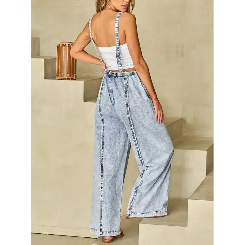 Retro Denim Overalls with Frayed Edges Women's Jumpsuit Low Waist Short Length Polyester Fabric Winter Season Fashion