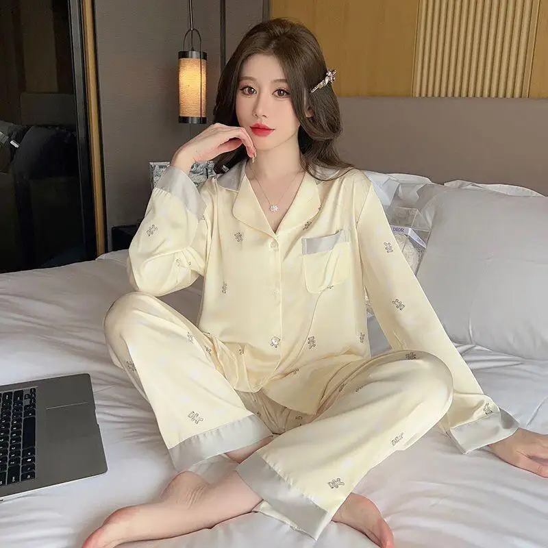 Women's Pajama Set Fashion Homewear Viscose Sleepwear Spring Autumn 2025 New Long Sleeve Pants Light Color Bear Sweet