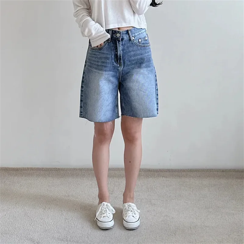 

American Retro Trend All-Match Loose Straight High Waist Raw Edge Denim Shorts Wide Leg Pants Summer