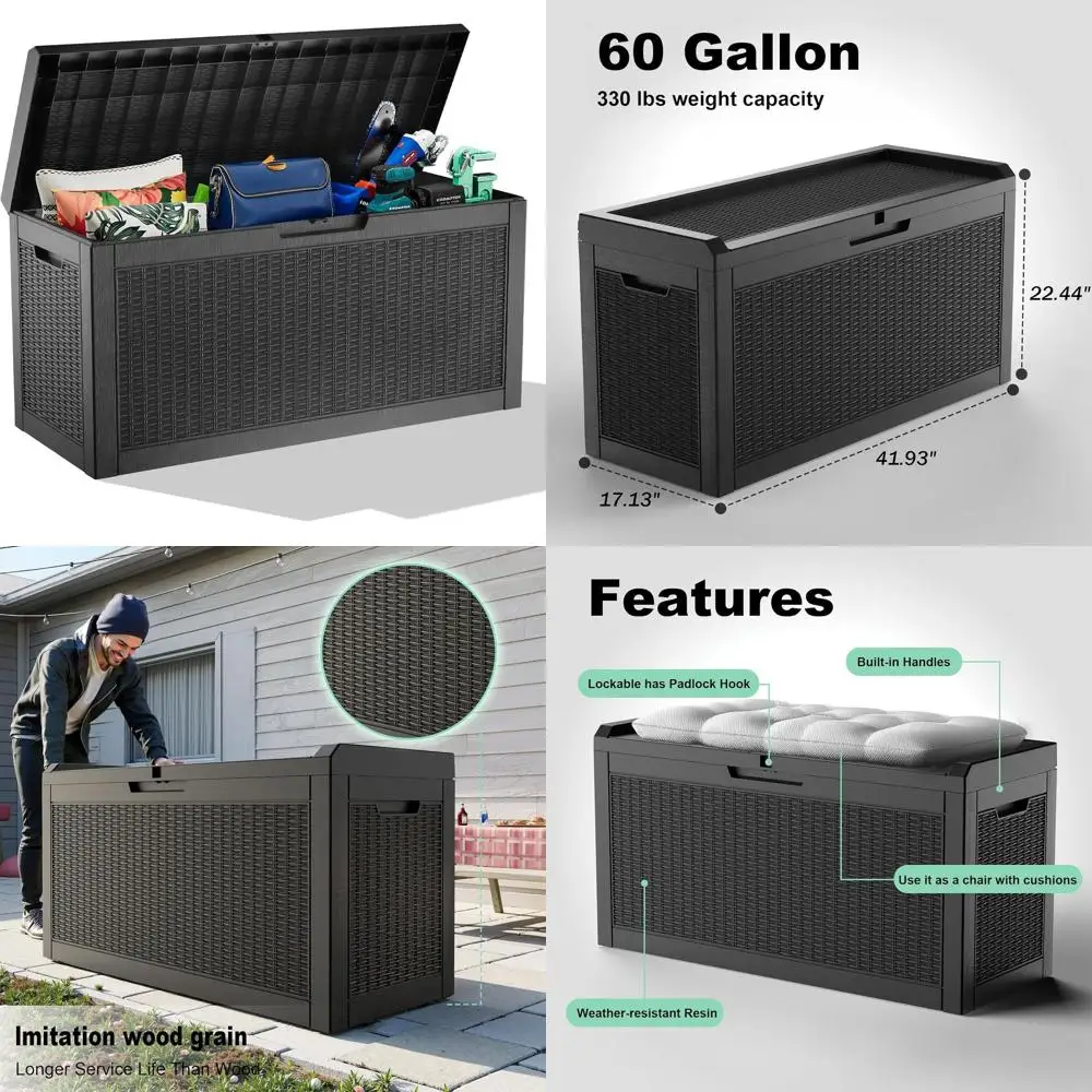 

Ящик для хранения из полимерной смолы на 60 галлонов - запираемый уличный контейнер для патио, бассейна, садового инвентаря, водонепроницаемый, черный