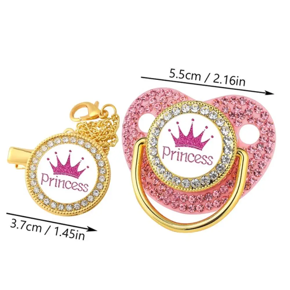 New full diamond pacifier princess prince crown baby soother teethers with chain clip