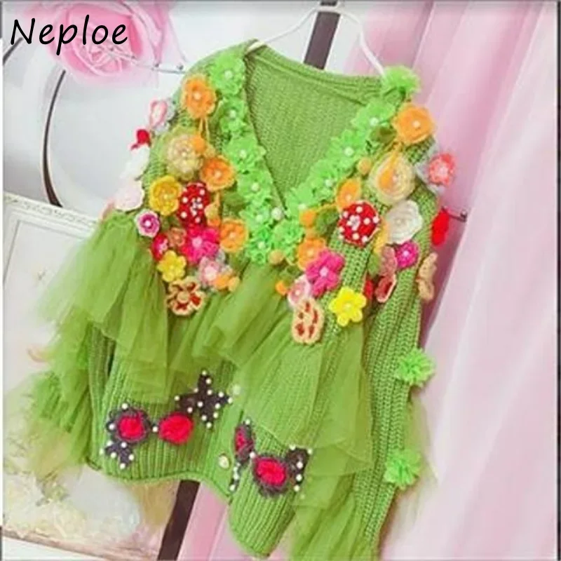 Neploe V Neck Beading Stereo Flower Outerwear  Autumn Vintage Sweater Jacket Solid Color Long Sleeve Single-breasted Cardigans