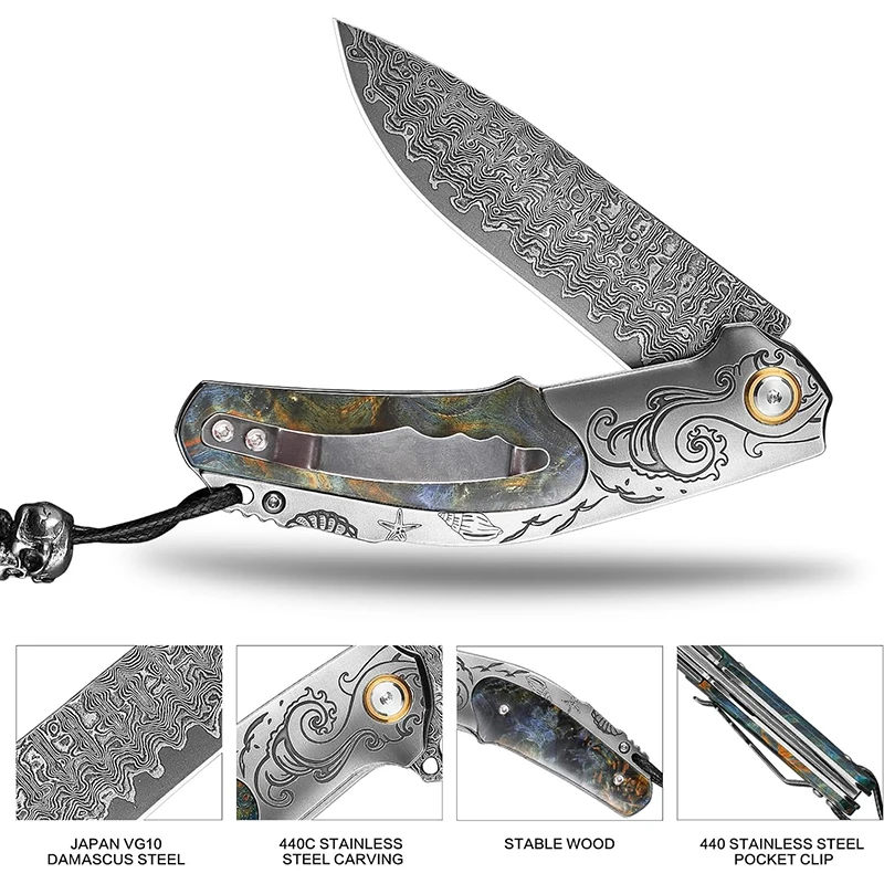 

Damascus Steel sharp Fruit Folding Knife Tactical Saber Outdoor Camping Hunting Survival EDC Multi-Function Pocket Sclip Knife