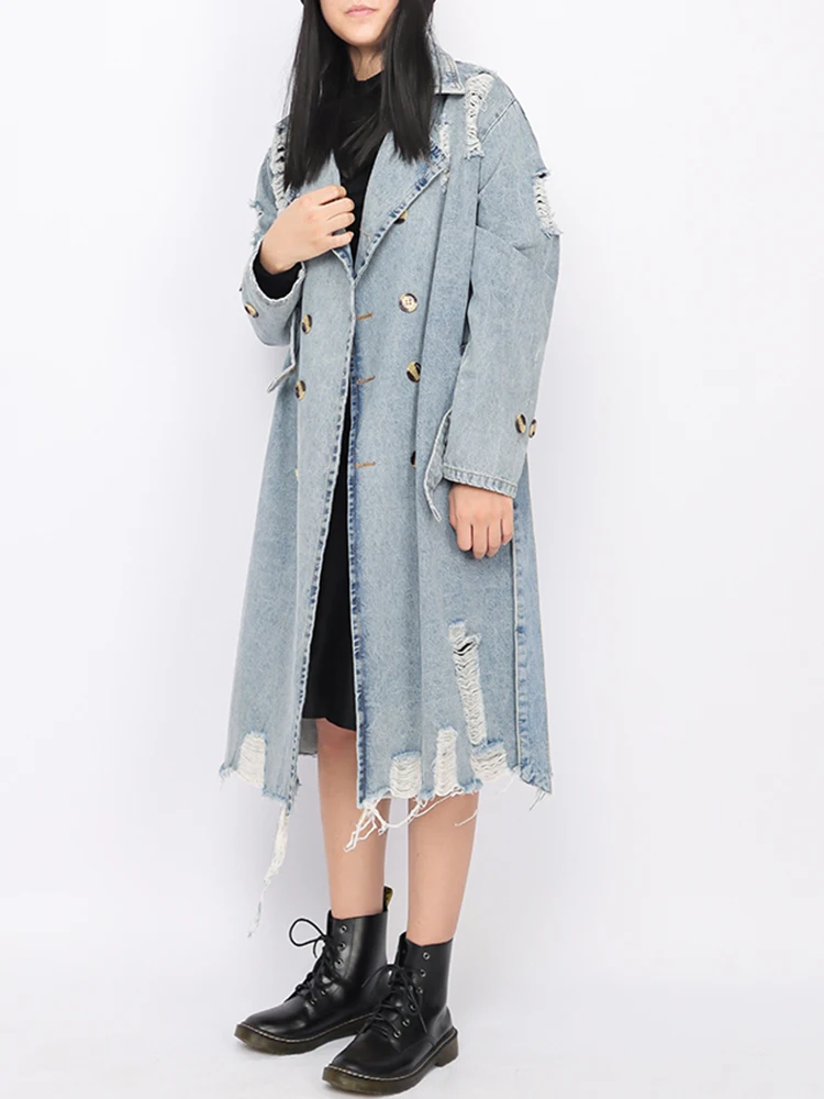 TWOTWINSTYLE Hole Hollow Out Denim Trench Coat For Women Lapel Long Sleeve Double Breasted Solid Coats Female Clothing 2022 New