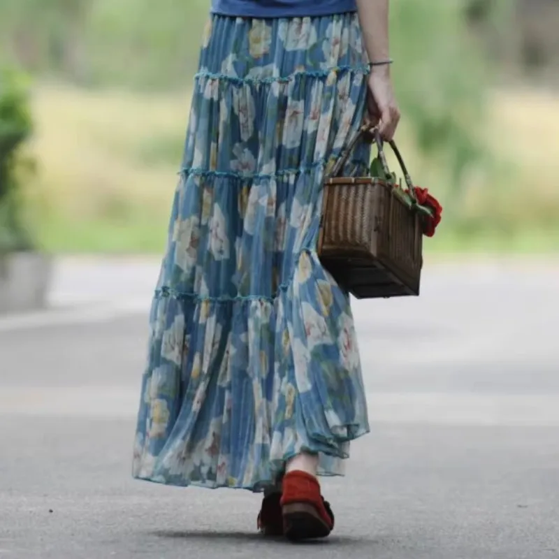 Free Shipping 2023 Fashion Long Chiffon Floral Printed Maxi Boho Skirts For Women Bohemian S-XXL Summer Blue High Quality