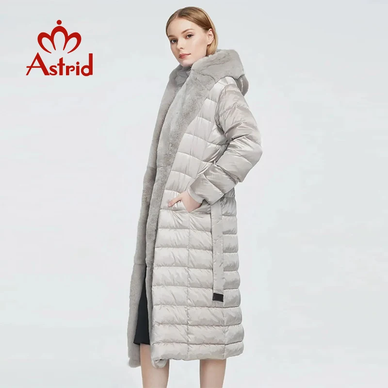 Astrid 2023 New Winter fashion Women\'s coat  women long warm Jacket waistband with Rabbit fur Fur collar  AR-7518