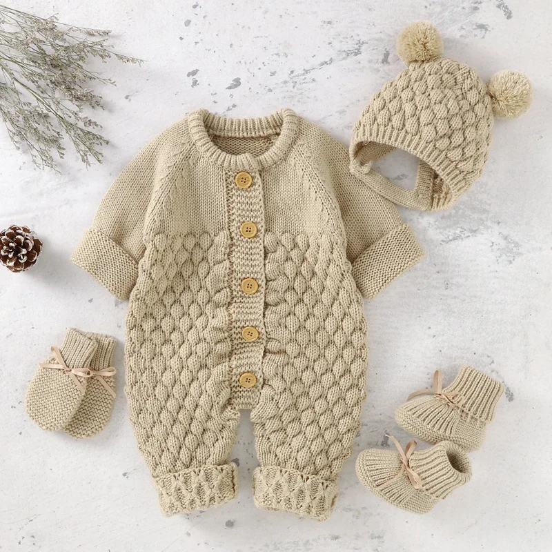 Girl Boy Knitted Jumpsuits Outfits Autumn Winter Long Sleeve Baby Rompers Caps Clothes Sets Newborn Toddler Infant Overalls 2pcs